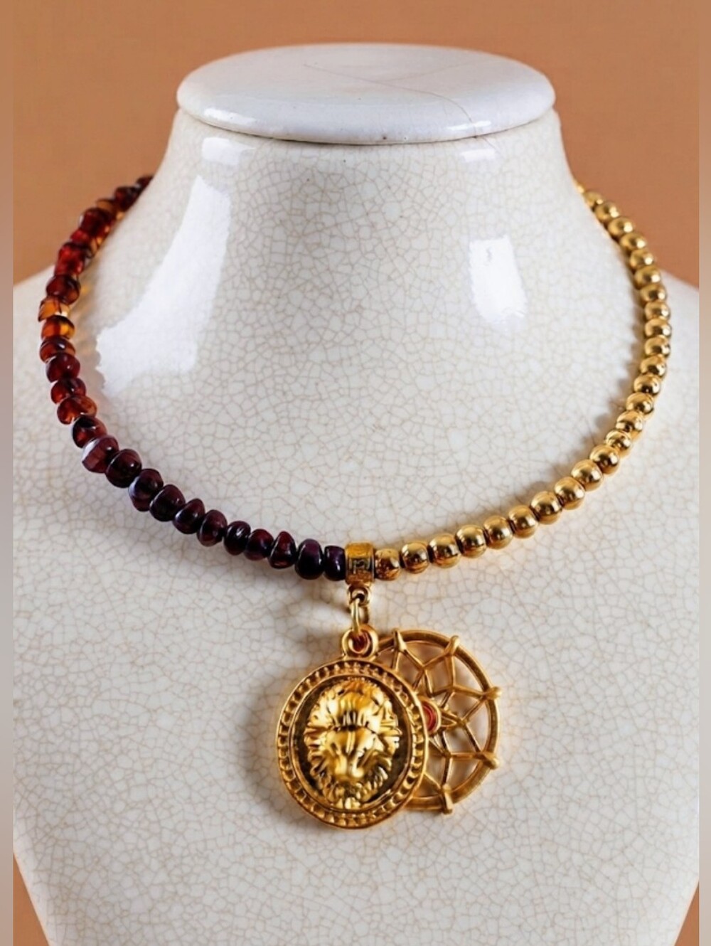 Natural Baltic Amber In Assymetrical  Choker Necklace W/ Lion & Sun Pendant